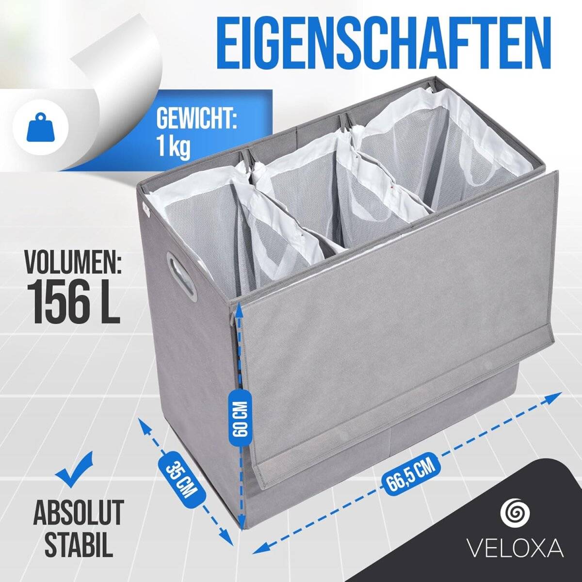Wäschekorb mit 3 Fächern 156 L – Wäschesammler mit Deckel & Magnetverschluss Grau