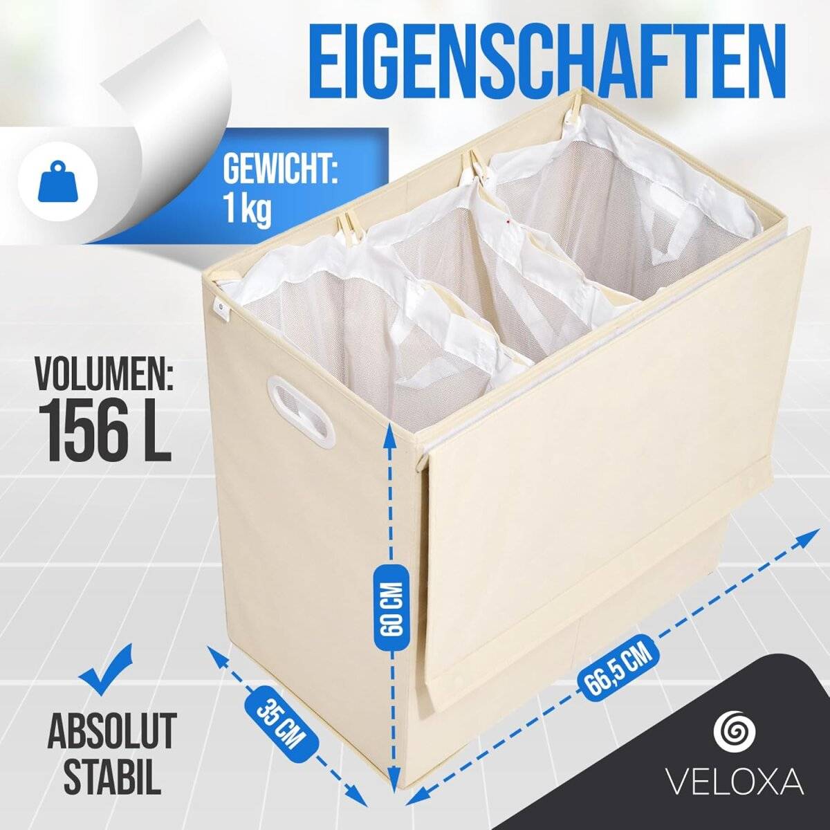 Wäschekorb mit 3 Fächern 156 L – Wäschesammler mit Deckel & Magnetverschluss Beige