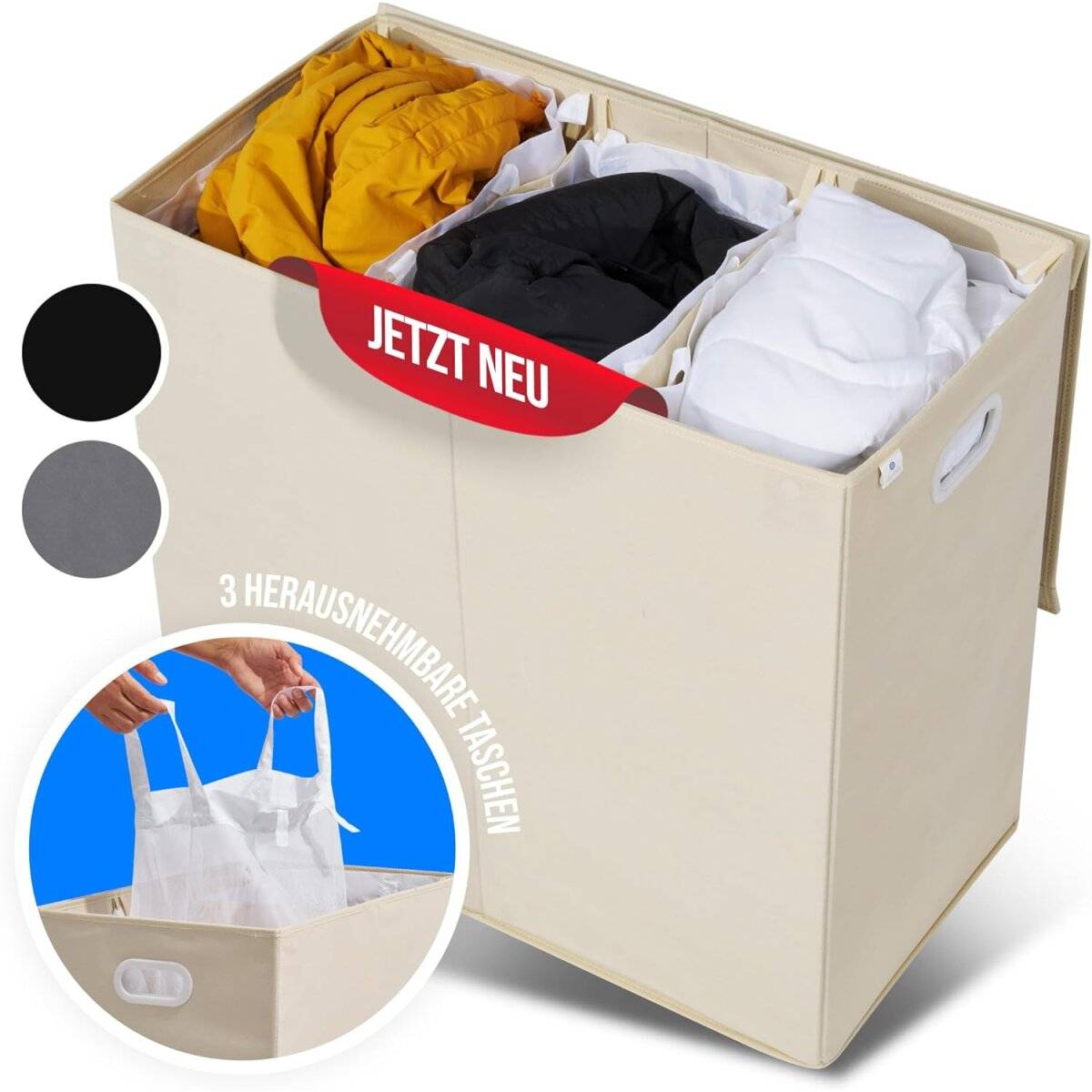 Wäschekorb mit 3 Fächern 156 L – Wäschesammler mit Deckel & Magnetverschluss Beige