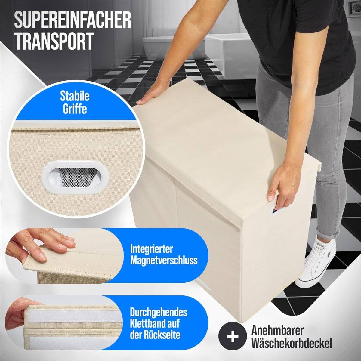 Wäschekorb mit 3 Fächern 156 L – Wäschesammler mit Deckel & Magnetverschluss Beige