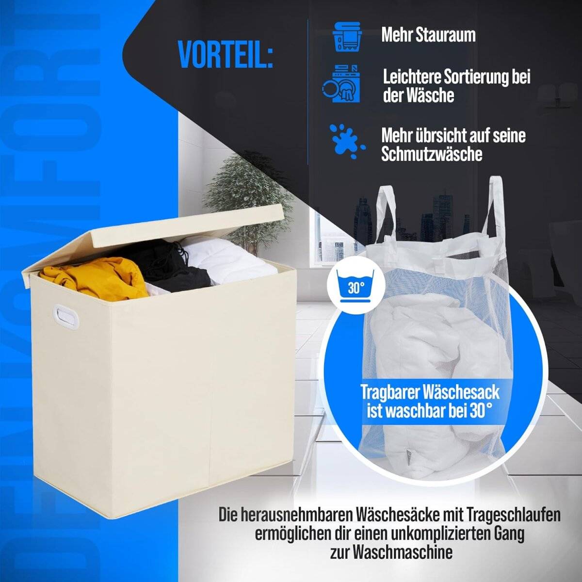 Wäschekorb mit 3 Fächern 156 L – Wäschesammler mit Deckel & Magnetverschluss Beige