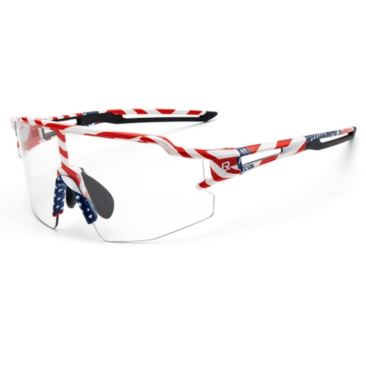 Rockbros Radsportbrille Photochrom mit UV-Schutz und Korrektureinsatz - USA Pattern - Weiß