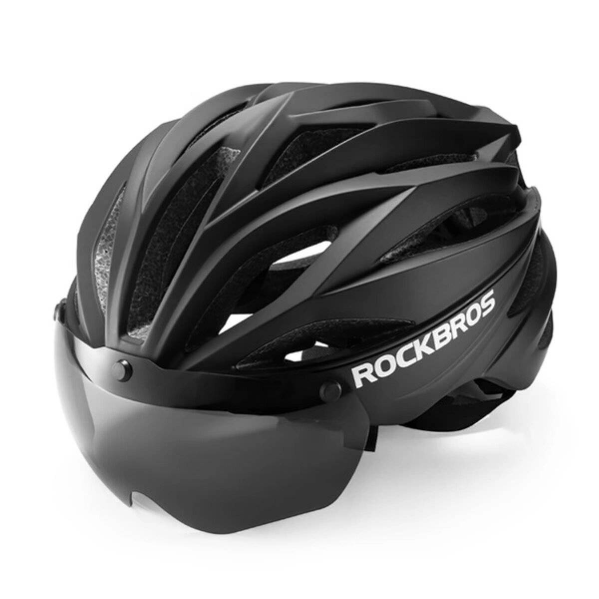 Rockbros Fahrradhelm mit Visier, abnehmbarer UV-Schutzbrille, Unisex Schwarz