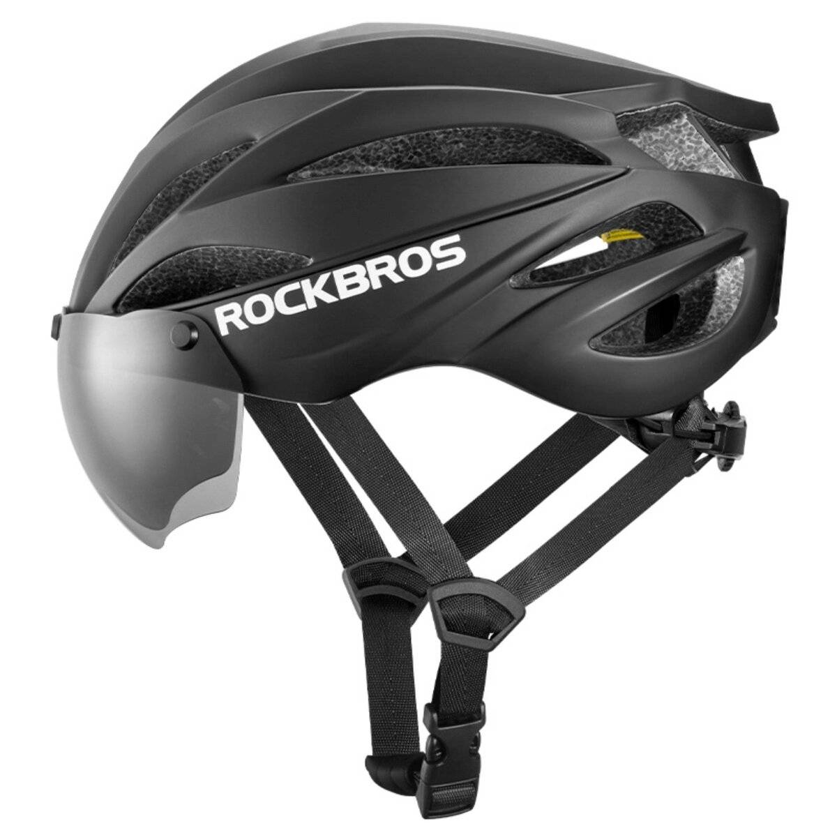 Rockbros Fahrradhelm mit Visier, abnehmbarer UV-Schutzbrille, Unisex Schwarz