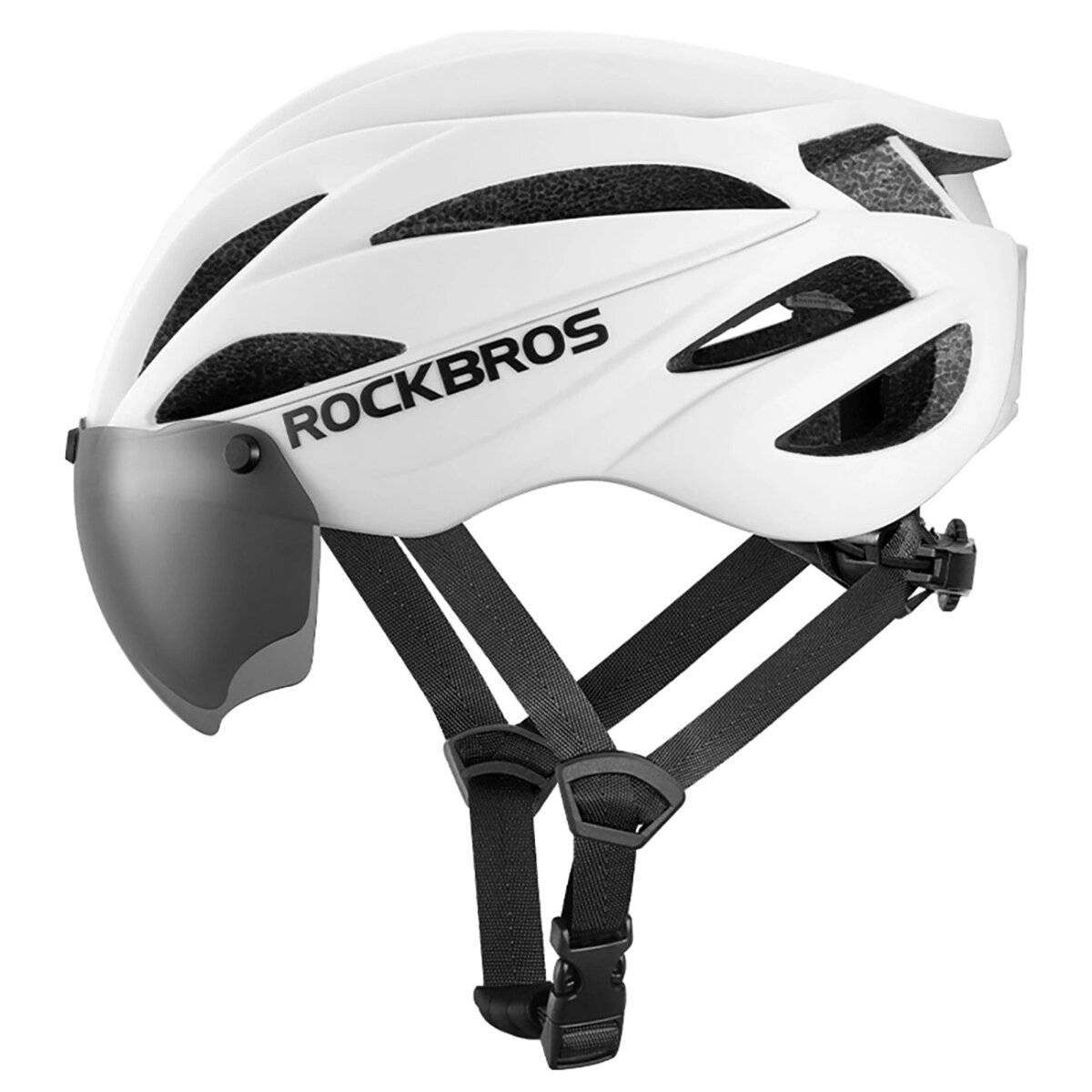 Rockbros Fahrradhelm mit Visier, abnehmbarer UV-Schutzbrille, Unisex Weiß