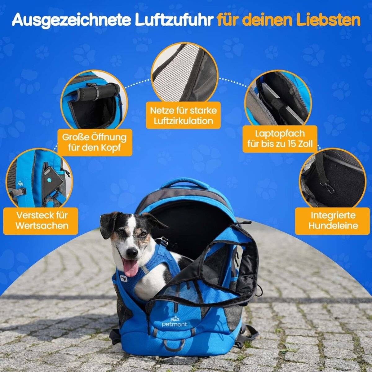 Petmont Hunderucksack in Blau bis zu 8 kg Tragekraft - perfekt fürs Reisen und Wandern