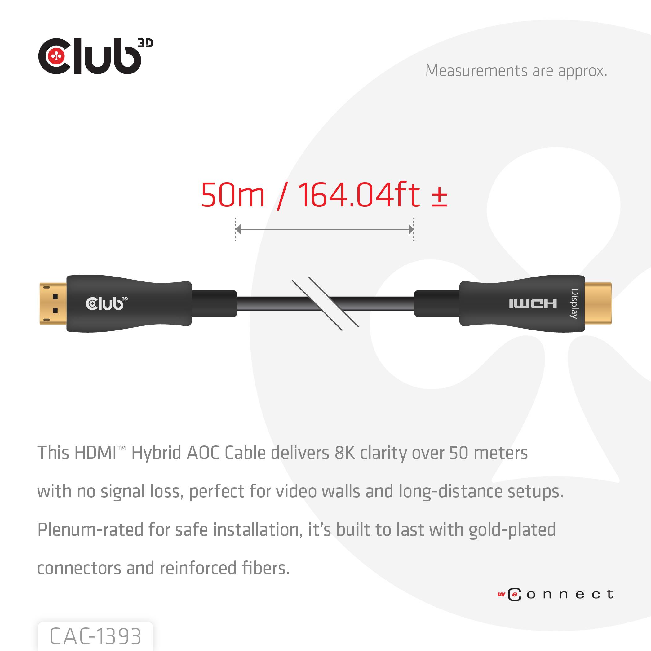 CLUB3D HDMI™ Hybrid AOC Cable 8K60Hz/4K120Hz 50m / 164.04ft, 50 m, HDMI Typ A (Standard), HDMI Typ A (Standard)