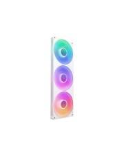 Gaming-PC-Kühlventilator-Panel mit drei RGB-Lüftern, die verschiedene Farben darstellen, in einem vertikalen weißen Rahmen untergebracht.
