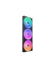 Ein Computerlüfter mit drei kreisförmigen RGB-Lichtern in einer vertikalen Reihe, jedes mit einem Farbverlauf.