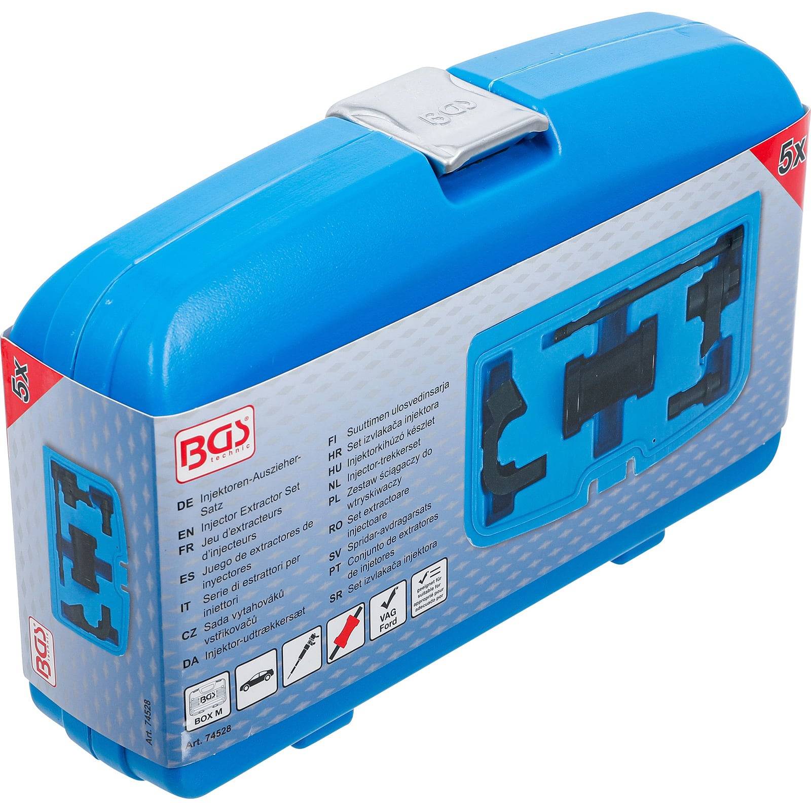 Eine blaue Plastikbox mit einem silbernen Verschluss, die Umrisse von Werkzeugen im Inneren zeigt. Sie trägt ein rot-weißes Logo mit mehrsprachigem Text.