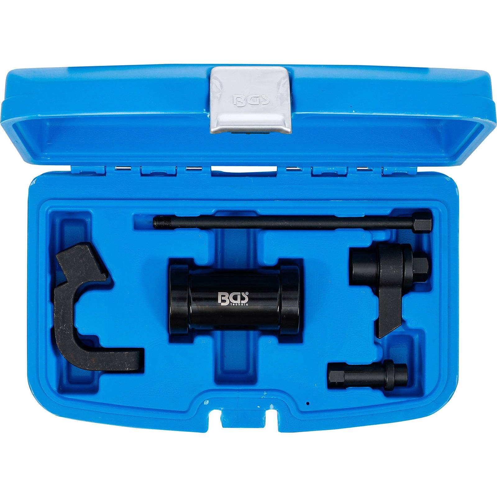 Eine blaue Plastikbox mit Werkzeugen für die Motorabstimmung, einschließlich einer Halterung, eines Stabes und verschiedener Komponenten, ordentlich in Schaumstoff eingepasst.