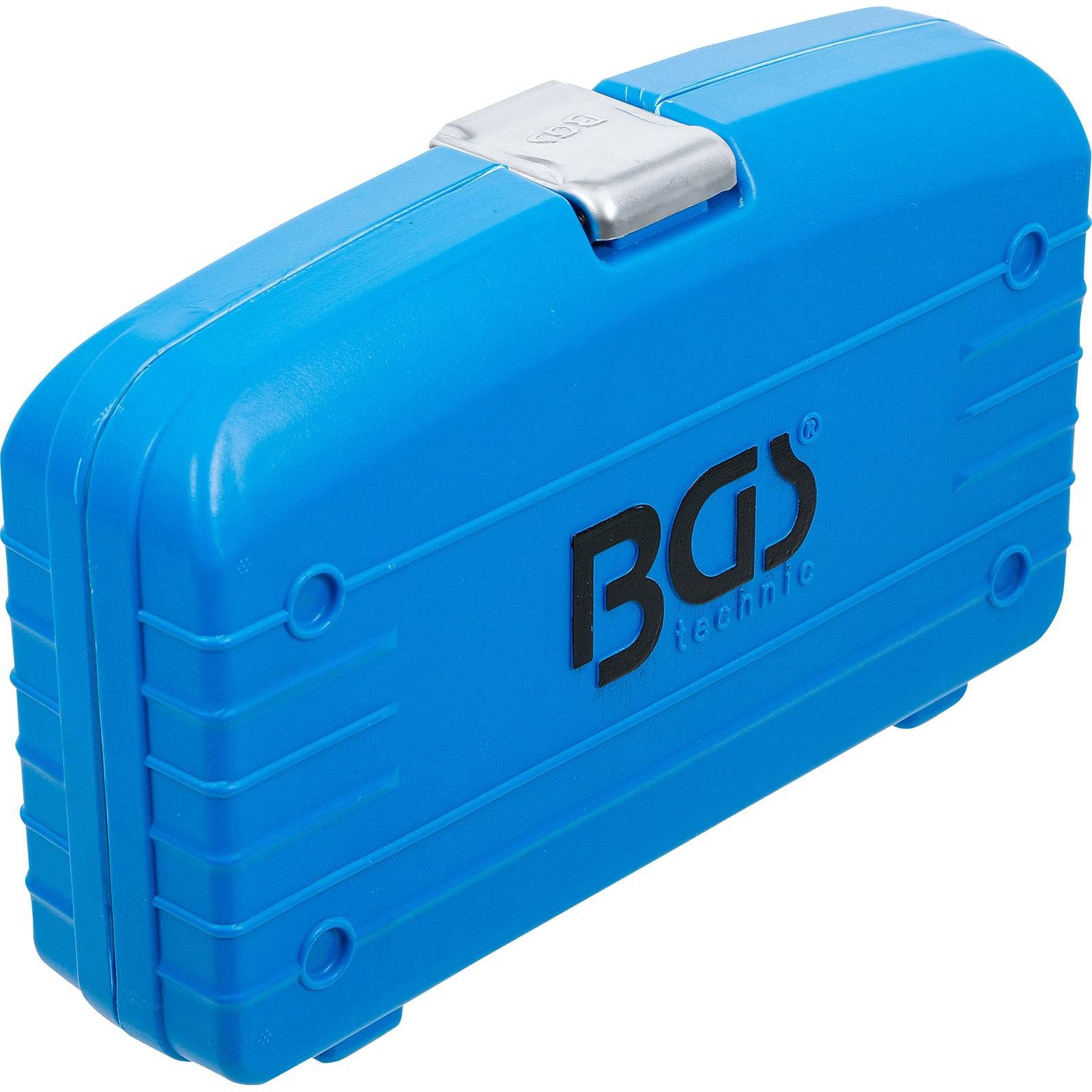 Blauer Kunststoff-Transportkoffer mit einem metallischen Verschluss, versehen mit dem 'BGS technic' Logo an der Seite.