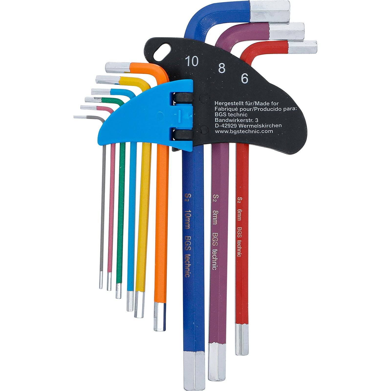 Ein Satz bunter Sechskantschlüssel, die in einem Halter organisiert sind, wobei jeder Schlüssel mit seiner Größe beschriftet ist und von klein bis groß reicht.