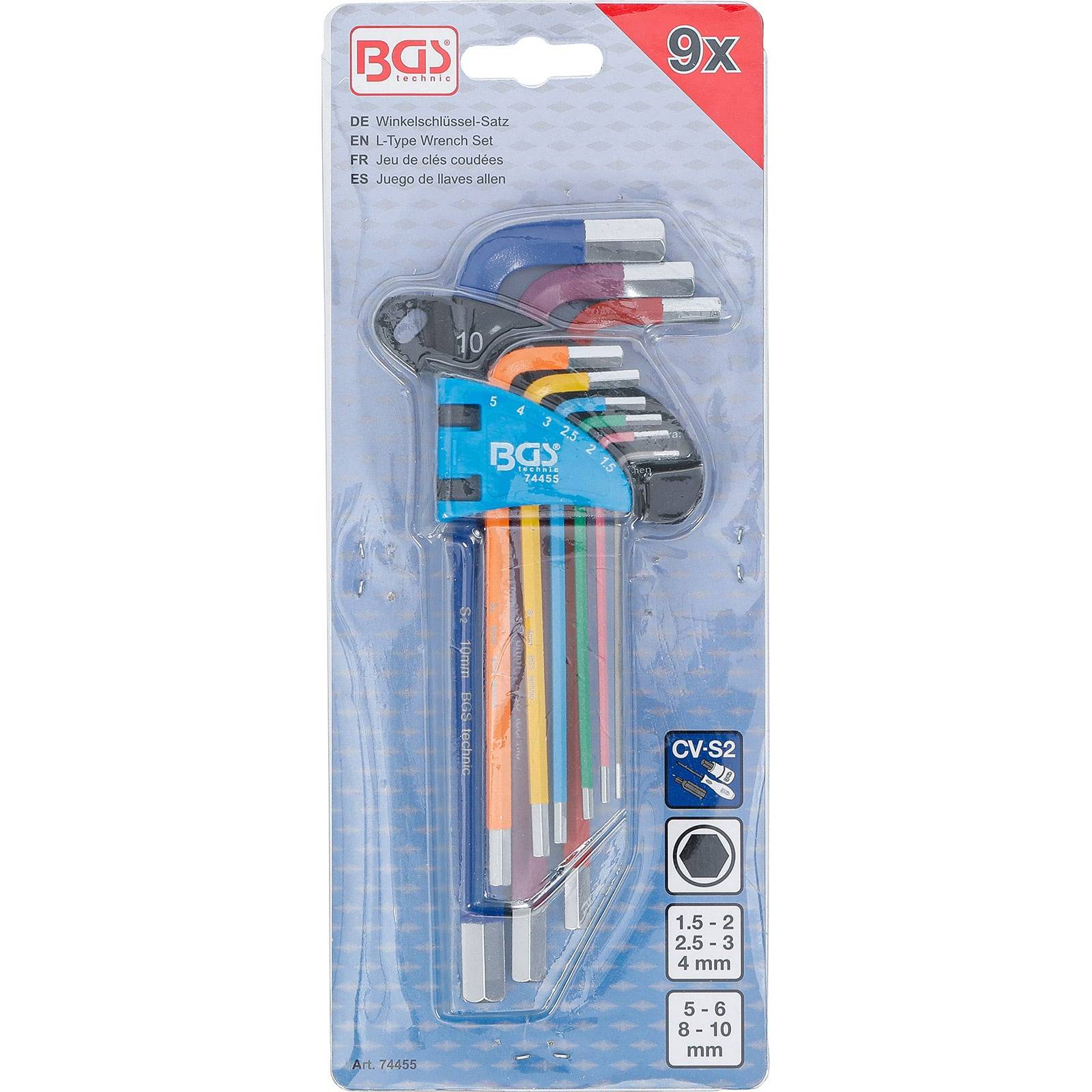 Ein Set von 9 farbcodierten Sechskantschlüsseln mit Größen von 1,5 mm bis 10 mm. Die Verpackung enthält Beschreibungen in mehreren Sprachen.