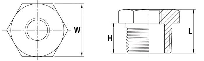 Diagramm einer Schraube mit beschrifteten Abmessungen. Höhe (H) reicht vom Schraubenkopf bis zur Spitze, Breite (W) ist der Durchmesser des Kopfes.