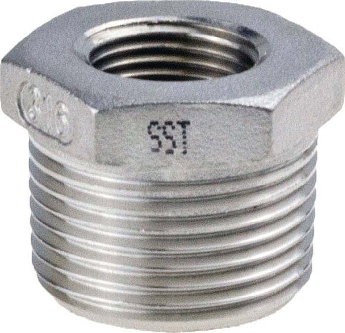 Eine Edelstahl-Sechskant-Reduziermuffe mit der Aufschrift 'SST' an der Seite, die zum Verbinden von Rohren unterschiedlicher Durchmesser verwendet wird.