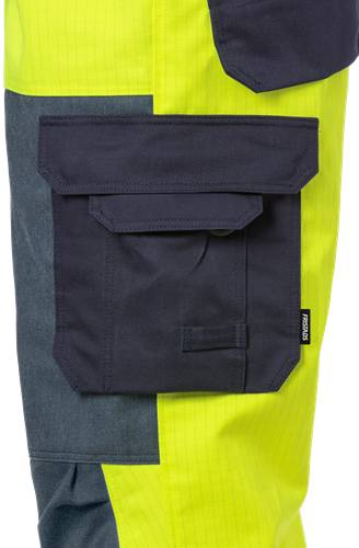 Eine Nahaufnahme einer Tasche an einem hellen, zweifarbigen Arbeitskleidungsstück, das dunklen und hellen Stoff mit einer Klappe und Knopfverschluss zeigt.