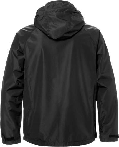 Eine schwarze Kapuzenjacke, von hinten gezeigt, die ihr schlichtes Design und die langen Ärmel betont.