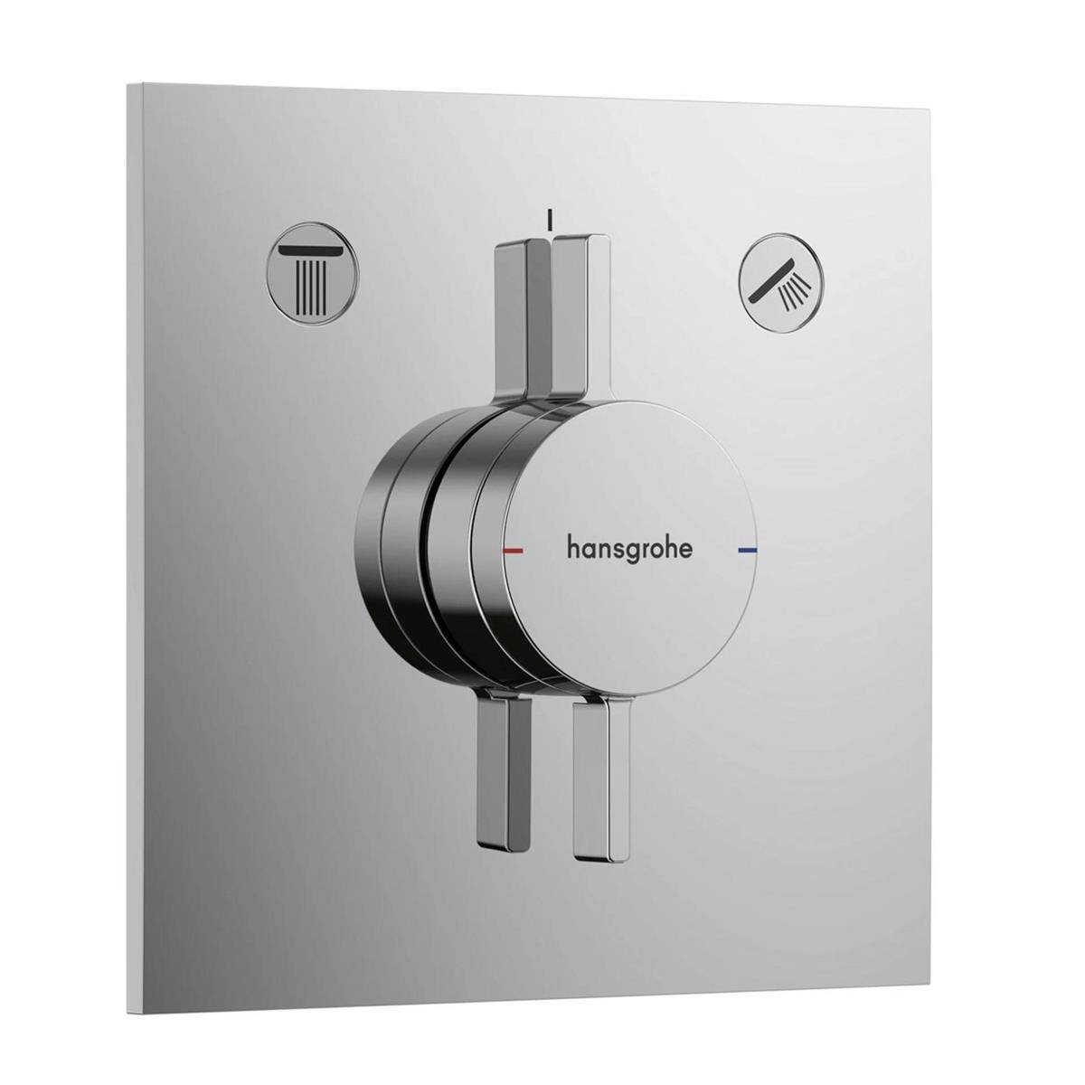 Chromglänzendes Hansgrohe-Duschsteuerfeld mit einem zentralen Hebel und zwei Sprühmodus-Symbolen auf einer gebürsteten Metallplatte.