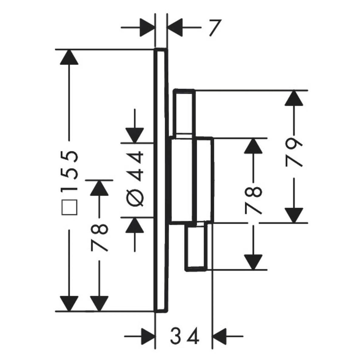 Technische Maßzeichnung eines Teils mit einer Gesamthöhe von 155 mm, Breite von 34 mm, Dicke von 7 mm und einen mittleren Durchmesser von 44 mm, mit zusätzlichen Maßen von 78 und 79 mm.