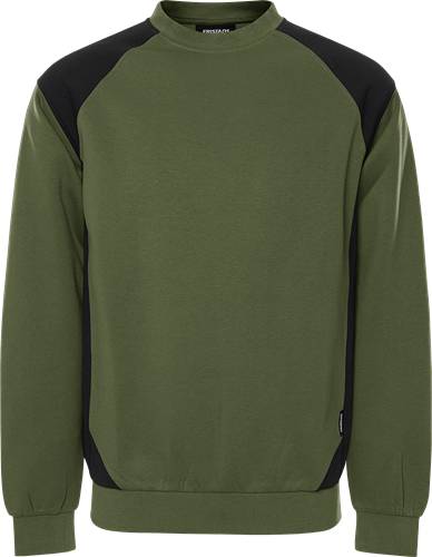 Ein grünes Sweatshirt mit schwarzen Ärmeln und Einfassung, vor einem neutralen Hintergrund präsentiert, das seinen lässigen Schnitt hervorhebt.