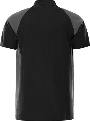 Ein schwarzes und graues kurzärmeliges T-Shirt von hinten betrachtet.