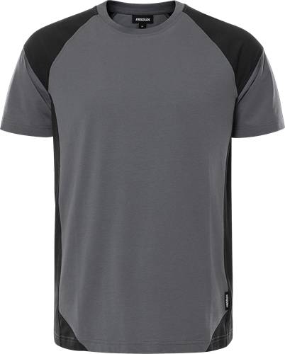 Graues und schwarzes Raglan-T-Shirt mit kurzen Ärmeln, Frontansicht, hebt das schlichte Design und die kontrastierenden Farben hervor.