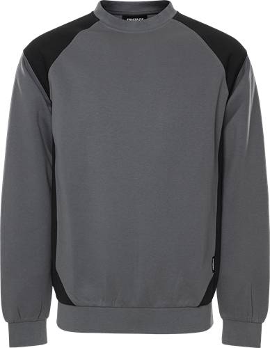 Ein grauer Pullover mit schwarzen Ärmeln und bequemer Passform.