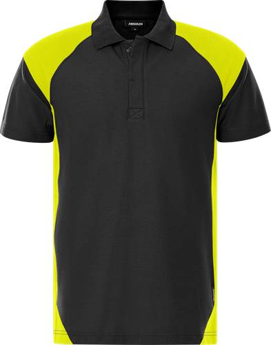 Ein schwarzes und neon-gelbes Kurzarm-Poloshirt mit Kragen und Knopfleiste, das ein Farbblockdesign an den Schultern und Seiten aufweist.