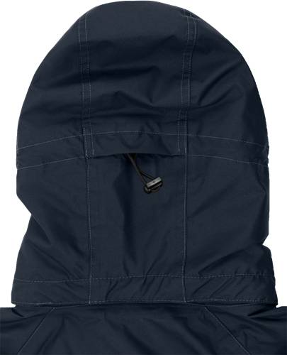 Ein marineblauer Kapuzenpullover mit Nähten und einer verstellbaren schwarzen Kordelzug, von hinten gezeigt.