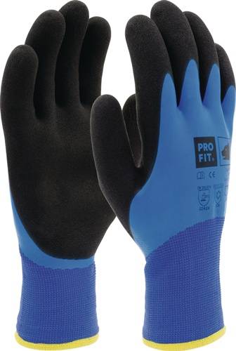 Ein Paar schwarze und blaue Arbeitshandschuhe mit der Aufschrift 'Pro Fit' am Bündchen.