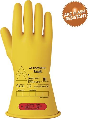 Gelber isolierter Handschuh mit dem Text 