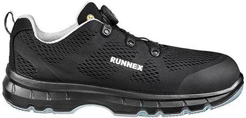 Ein schwarzer und weißer Sportschuh mit dem Markennamen 'RUNNEX' an der Seite, ausgestattet mit einem atmungsaktiven Mesh-Design und einer strapazierfähigen Sohle.