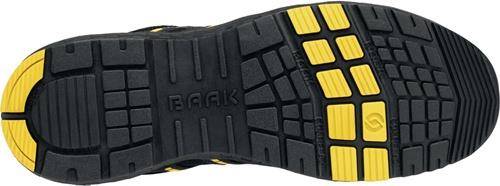„Abbildung, die das Profilmuster auf der Sohle eines Schuhs mit schwarzen und gelben Abschnitten zeigt, entwickelt für Griffigkeit und Haltbarkeit.