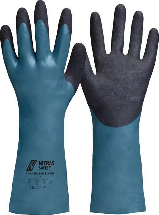 NITRAS 3455-9 Chemiehandschuhe Green Barrier Grip Größe 9 grün/schwarz EN 388, E
