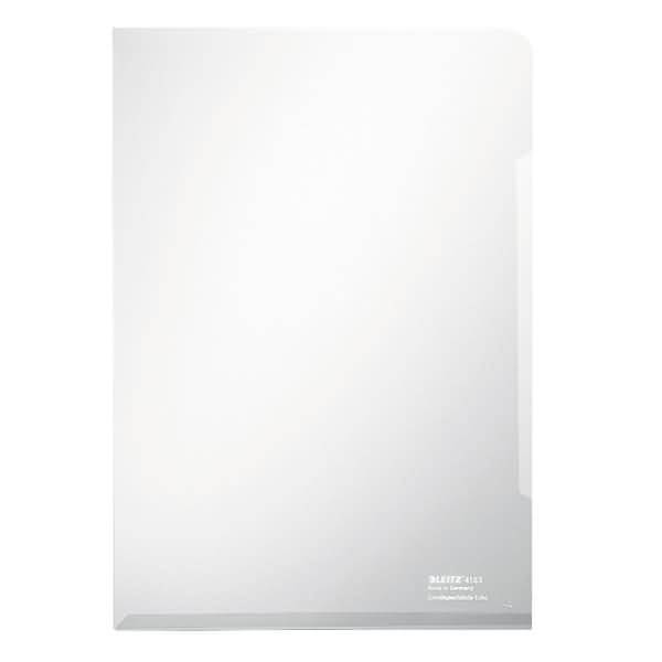 Minimaler weißer Ordner oder Mappe mit transparentem Frontcover und kleinem Logo-Text unten rechts.