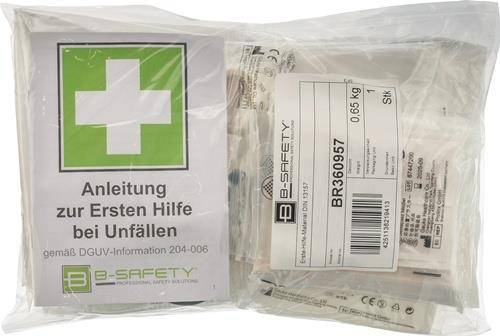 Ein gekennzeichnetes Notfall-Erste-Hilfe-Set in Kunststoffverpackung mit prominentem grünem und weißem Kreuz, Produktdetails und Gewichtsinformationen.