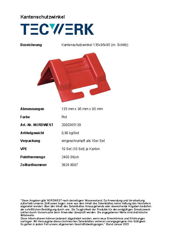 Kantenschutzwinkel Schenkel-L.95x95mm rot m.Schlitz 10 St./Set TECWERK