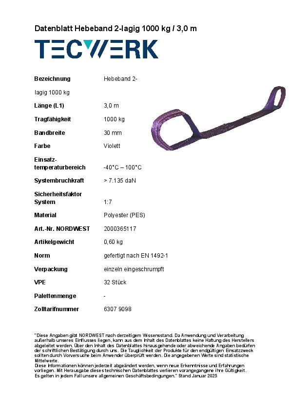 Hebeband DIN EN 1492-1 L.3m violett Tragf.einf.1000kg TECWERK