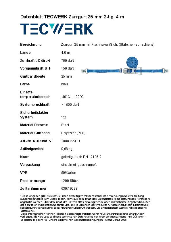 Zurrgurt DIN12195-2 L.4m B.25mm m.Ratsche+Flachhaken m.Sicherung LC U 1500daN TW