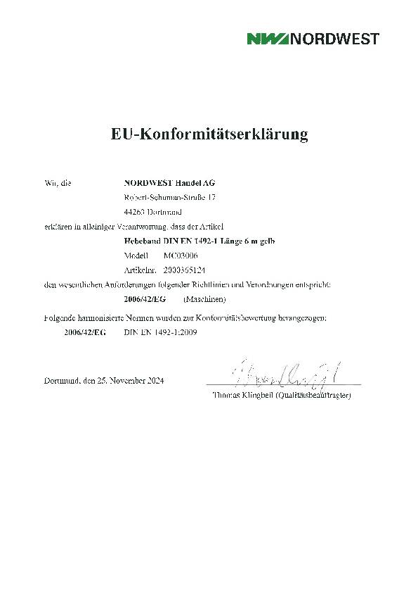 Hebeband DIN EN 1492-1 L.6m gelb Tragf.einf.3000kg TECWERK