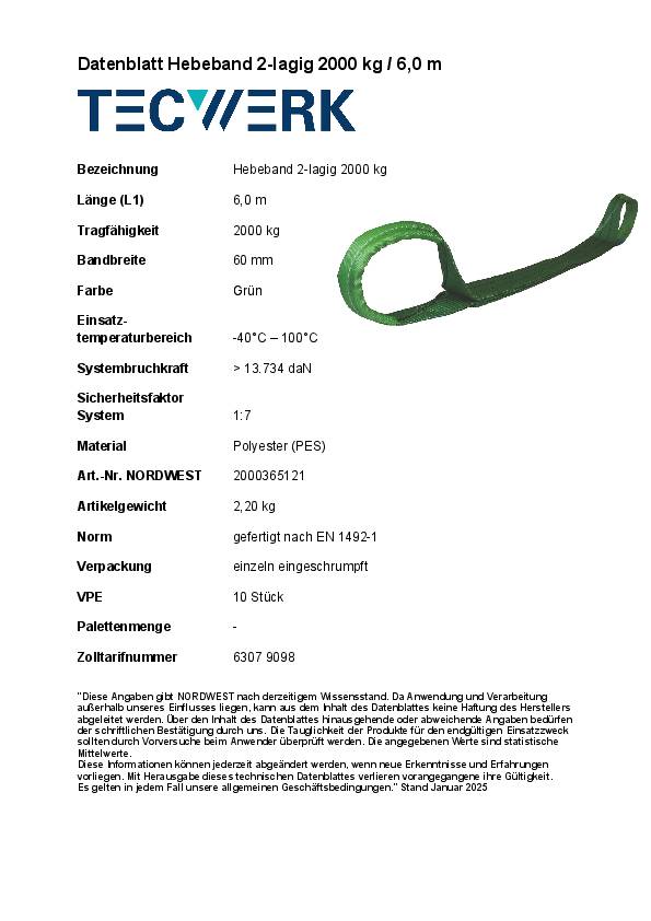 Hebeband DIN EN 1492-1 L.6m grün Tragf.einf.2000kg TECWERK