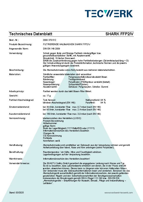 Atemschutzmaske Shark FFP2/V D NR m.Ausatemventil,faltbar 12 St./KT TECWERK