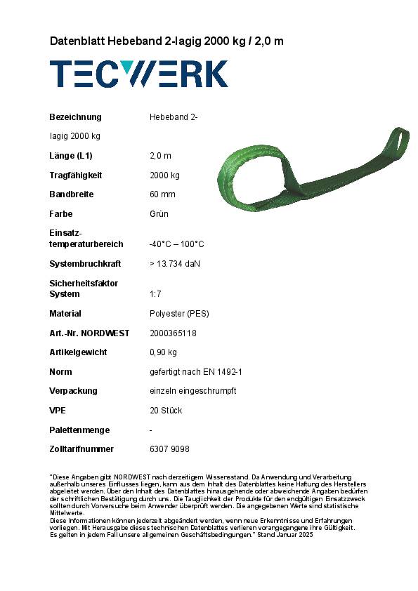 Hebeband DIN EN 1492-1 L.2m grün Tragf.einf.2000kg TECWERK