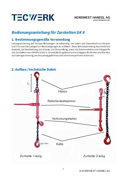 Zurrspannkette zweiteilig Güte 8 3,0m S.8mm Zugkr.4000 daN 1000 daN TECWERK