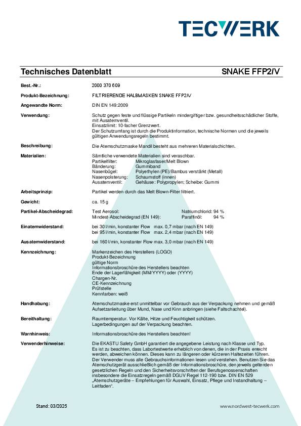 Atemschutzmaske Snake FFP2/V/NR m.Ausatemventil TECWERK