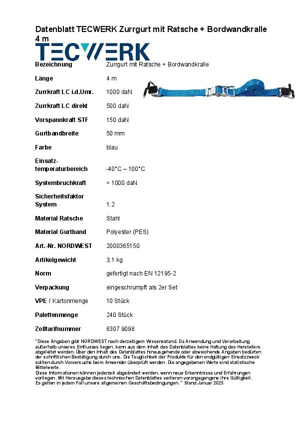 Zurrgurt DIN EN 12195-2 L.4m B.50mm m.Ratsche+Bordwandkralle LC U TECWERK
