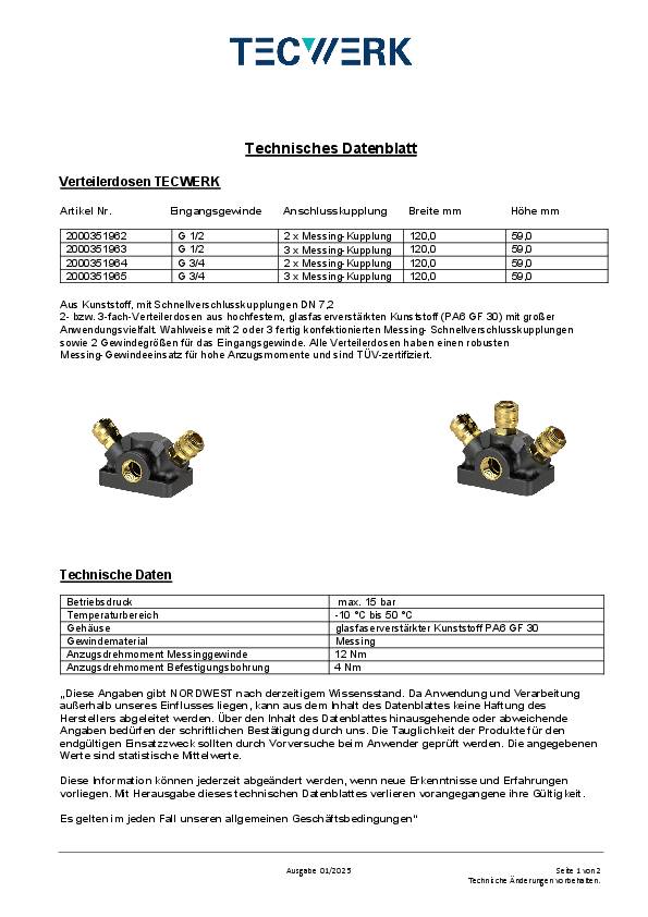 Endverteilerdose Gew.G 1/2 Zoll/19,17mm IG,3 Kupplungen DN 7,2 TECWERK