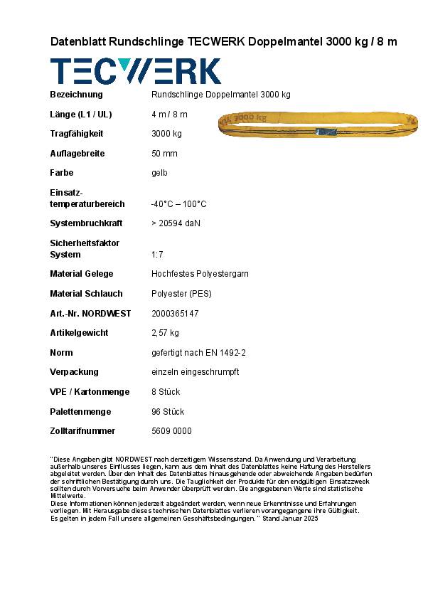 Rundschlinge DIN EN 1492-2 Umfang 8m gelb Tragf.einf.3000kg TECWERK