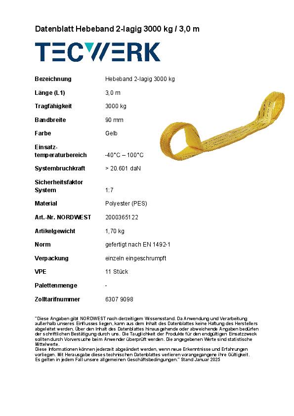 Hebeband DIN EN 1492-1 L.6m gelb Tragf.einf.3000kg TECWERK